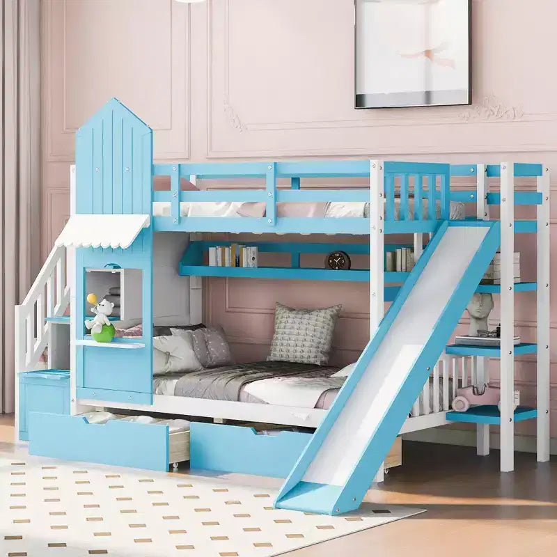 Struttura del letto a castello singolo a forma di castello con 2 cassetti, 3 ripiani e scivolo, letto a soppalco da principessa per bambini e bambine