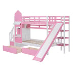 Struttura del letto a castello singolo a forma di castello con 2 cassetti, 3 ripiani e scivolo, letto a soppalco da principessa per bambini e bambine