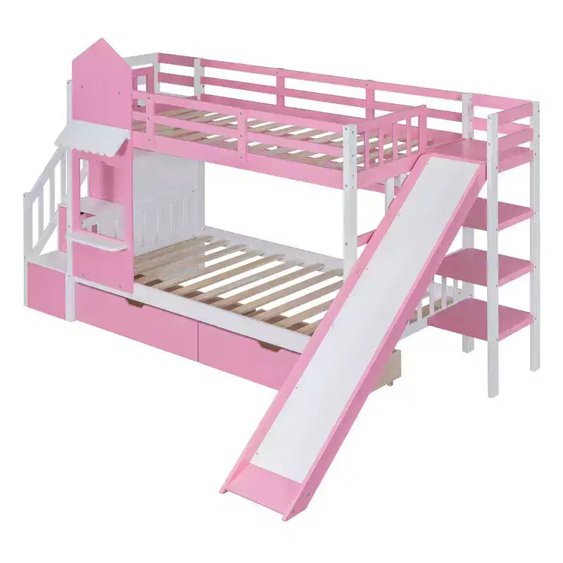 Struttura del letto a castello singolo a forma di castello con 2 cassetti, 3 ripiani e scivolo, letto a soppalco da principessa per bambini e bambine