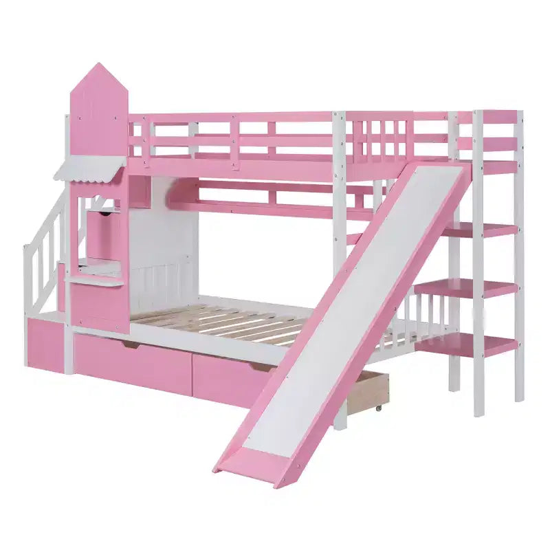 Struttura del letto a castello singolo a forma di castello con 2 cassetti, 3 ripiani e scivolo, letto a soppalco da principessa per bambini e bambine