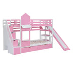 Struttura del letto a castello singolo a forma di castello con 2 cassetti, 3 ripiani e scivolo, letto a soppalco da principessa per bambini e bambine