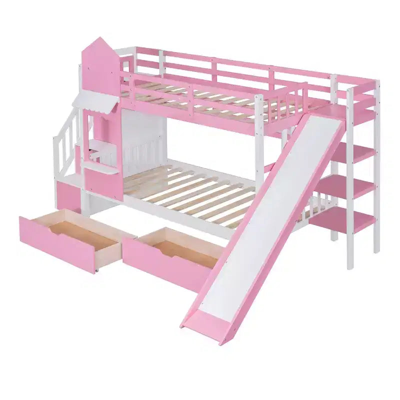 Struttura del letto a castello singolo a forma di castello con 2 cassetti, 3 ripiani e scivolo, letto a soppalco da principessa per bambini e bambine