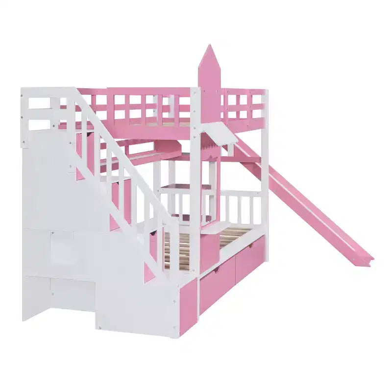 Struttura del letto a castello singolo a forma di castello con 2 cassetti, 3 ripiani e scivolo, letto a soppalco da principessa per bambini e bambine