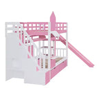 Struttura del letto a castello singolo a forma di castello con 2 cassetti, 3 ripiani e scivolo, letto a soppalco da principessa per bambini e bambine