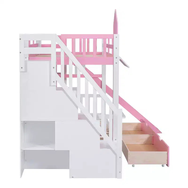 Struttura del letto a castello singolo a forma di castello con 2 cassetti, 3 ripiani e scivolo, letto a soppalco da principessa per bambini e bambine