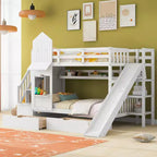 Struttura del letto a castello singolo a forma di castello con 2 cassetti, 3 ripiani e scivolo, letto a soppalco da principessa per bambini e bambine
