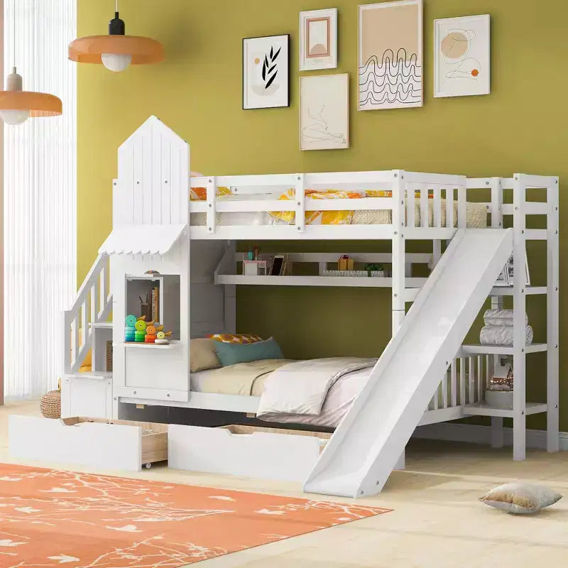 Struttura del letto a castello singolo a forma di castello con 2 cassetti, 3 ripiani e scivolo, letto a soppalco da principessa per bambini e bambine