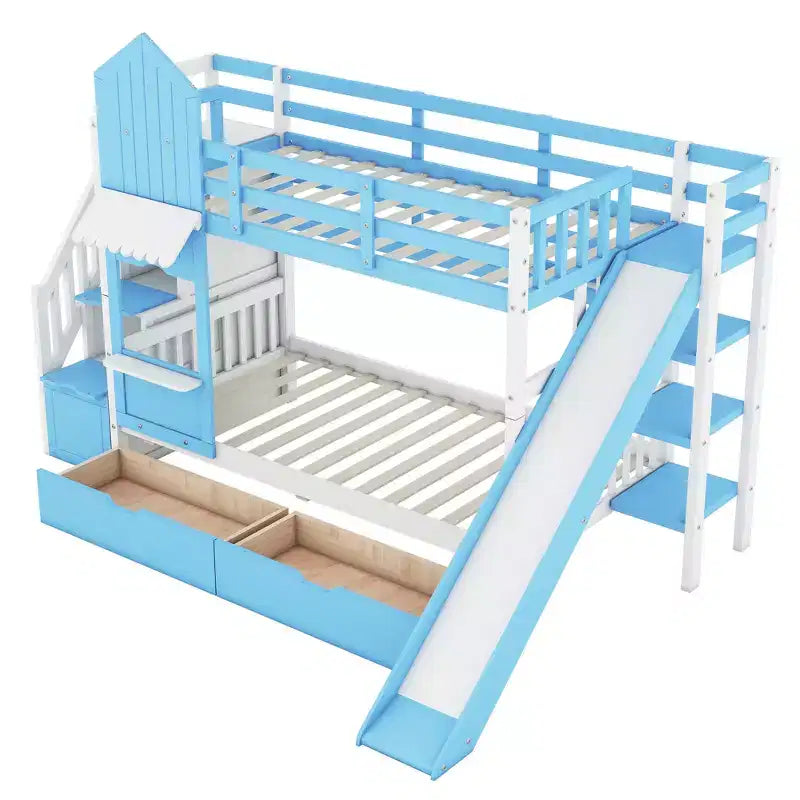Struttura del letto a castello singolo a forma di castello con 2 cassetti, 3 ripiani e scivolo, letto a soppalco da principessa per bambini e bambine