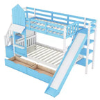 Struttura del letto a castello singolo a forma di castello con 2 cassetti, 3 ripiani e scivolo, letto a soppalco da principessa per bambini e bambine