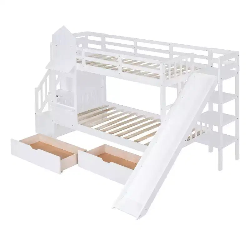 Struttura del letto a castello singolo a forma di castello con 2 cassetti, 3 ripiani e scivolo, letto a soppalco da principessa per bambini e bambine