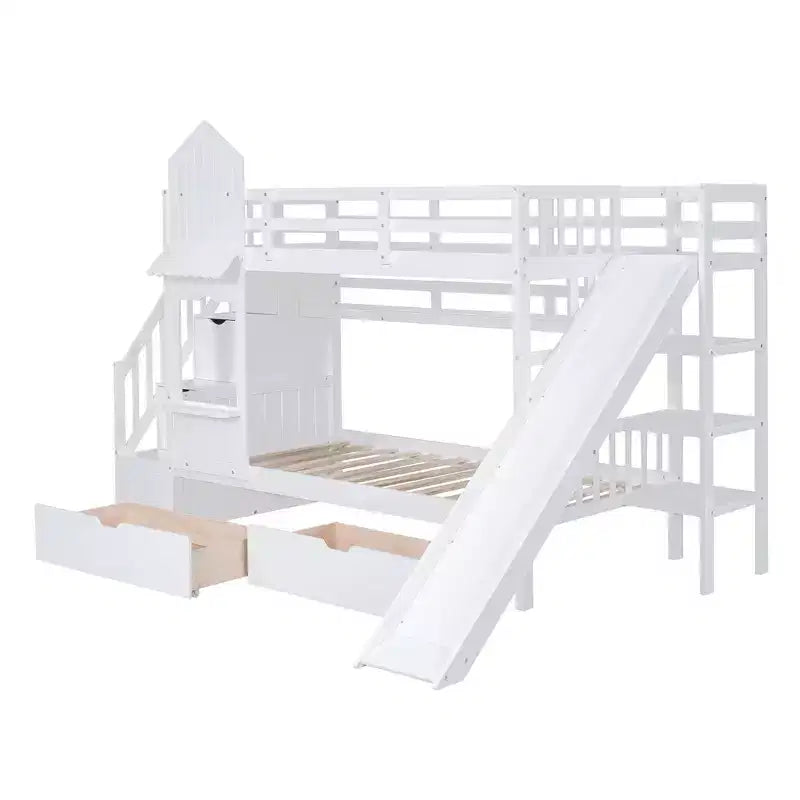 Struttura del letto a castello singolo a forma di castello con 2 cassetti, 3 ripiani e scivolo, letto a soppalco da principessa per bambini e bambine