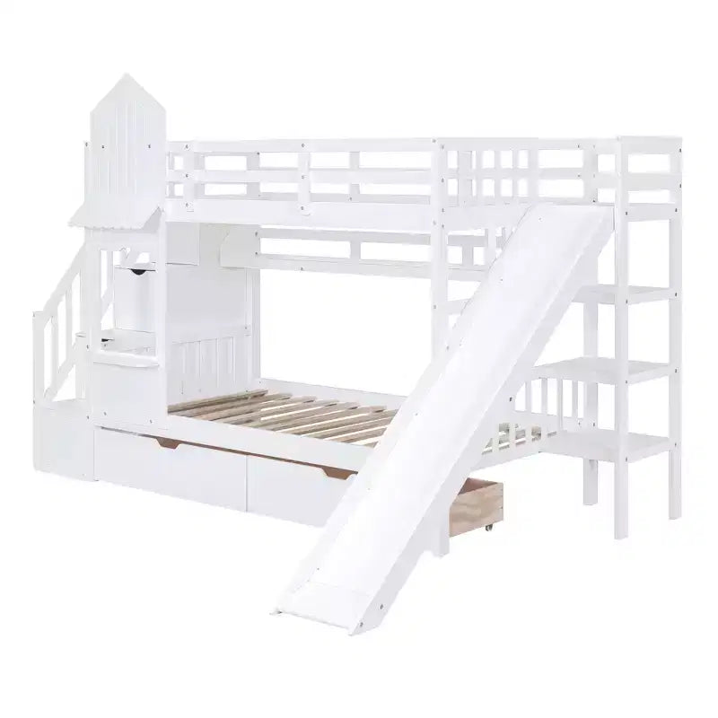 Struttura del letto a castello singolo a forma di castello con 2 cassetti, 3 ripiani e scivolo, letto a soppalco da principessa per bambini e bambine