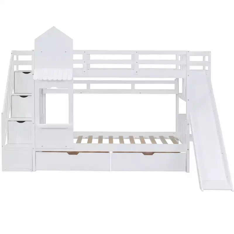 Struttura del letto a castello singolo a forma di castello con 2 cassetti, 3 ripiani e scivolo, letto a soppalco da principessa per bambini e bambine