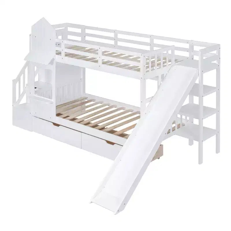 Struttura del letto a castello singolo a forma di castello con 2 cassetti, 3 ripiani e scivolo, letto a soppalco da principessa per bambini e bambine