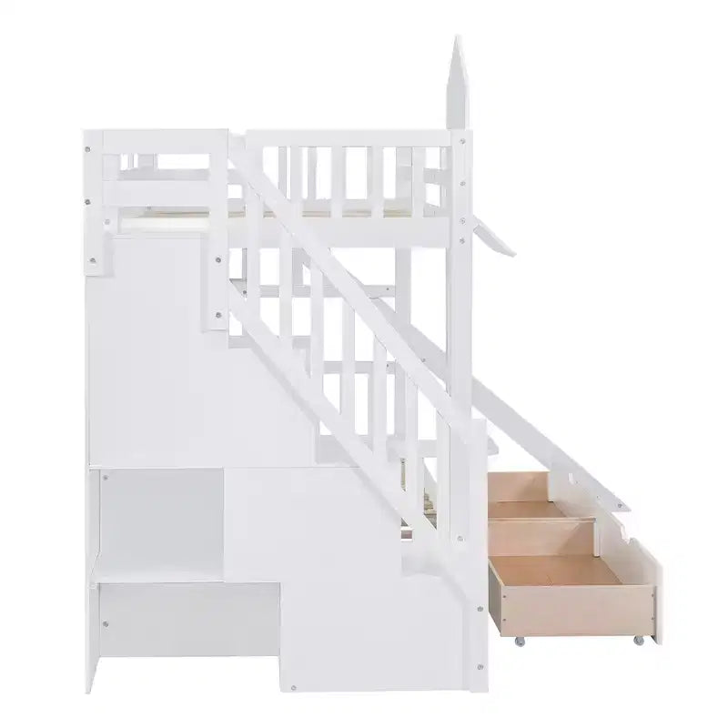 Struttura del letto a castello singolo a forma di castello con 2 cassetti, 3 ripiani e scivolo, letto a soppalco da principessa per bambini e bambine
