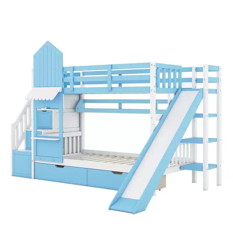 Struttura del letto a castello singolo a forma di castello con 2 cassetti, 3 ripiani e scivolo, letto a soppalco da principessa per bambini e bambine