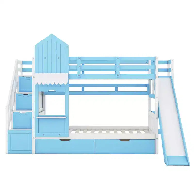 Struttura del letto a castello singolo a forma di castello con 2 cassetti, 3 ripiani e scivolo, letto a soppalco da principessa per bambini e bambine