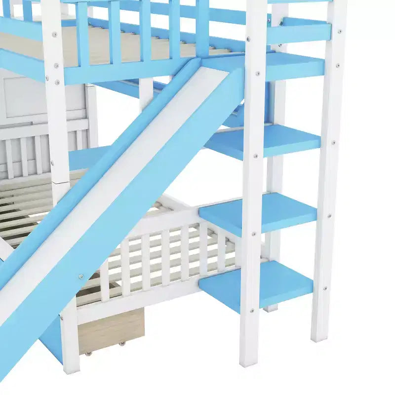 Struttura del letto a castello singolo a forma di castello con 2 cassetti, 3 ripiani e scivolo, letto a soppalco da principessa per bambini e bambine