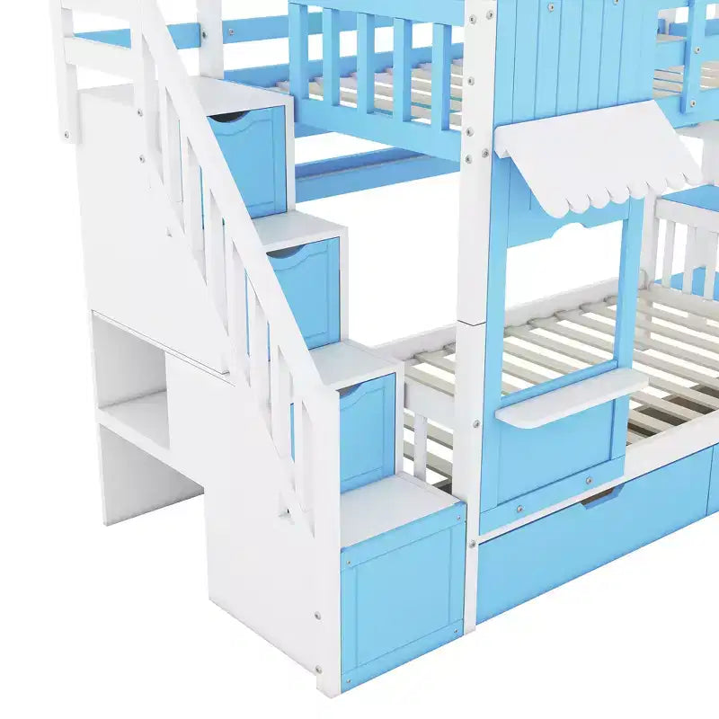 Struttura del letto a castello singolo a forma di castello con 2 cassetti, 3 ripiani e scivolo, letto a soppalco da principessa per bambini e bambine