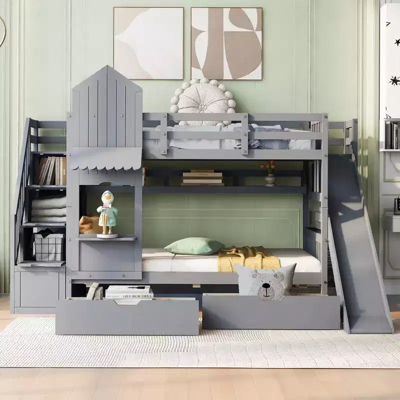 Struttura del letto a castello singolo a forma di castello con 2 cassetti, 3 ripiani e scivolo, letto a soppalco da principessa per bambini e bambine