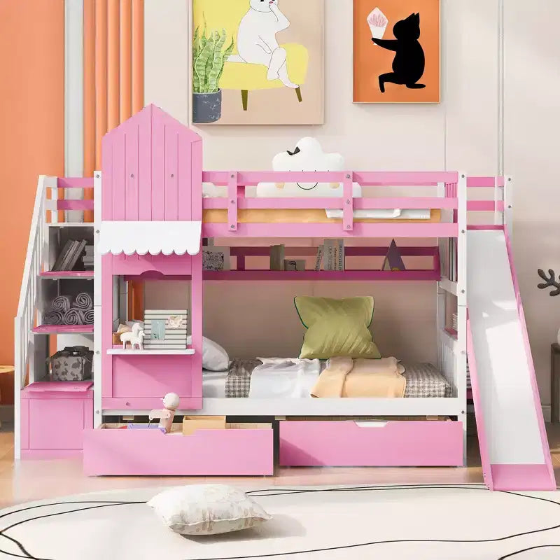 Struttura del letto a castello singolo a forma di castello con 2 cassetti, 3 ripiani e scivolo, letto a soppalco da principessa per bambini e bambine