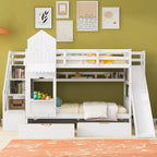 Struttura del letto a castello singolo a forma di castello con 2 cassetti, 3 ripiani e scivolo, letto a soppalco da principessa per bambini e bambine