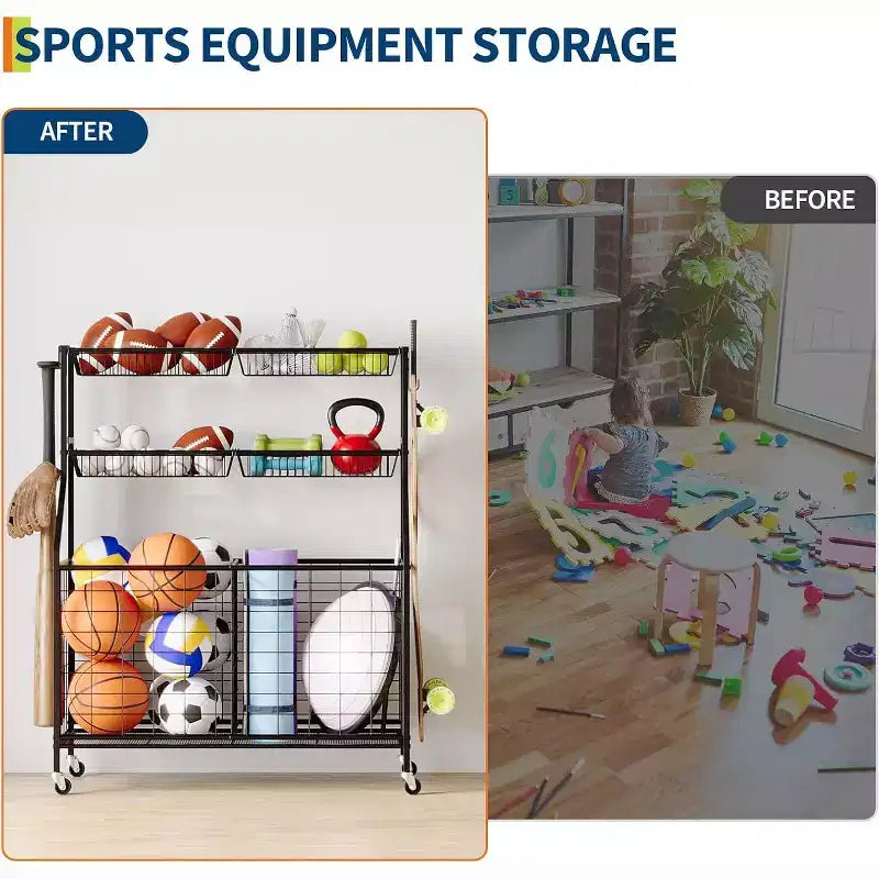 Organizzatore per attrezzature sportive, organizer per giocattoli sportivi da garage di grande capacità con ganci e cestini, carrello porta palloni mobile con ruote per l'organizzazione di giocattoli e attrezzature