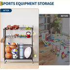 Organizzatore per attrezzature sportive, organizer per giocattoli sportivi da garage di grande capacità con ganci e cestini, carrello porta palloni mobile con ruote per l'organizzazione di giocattoli e attrezzature