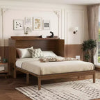 Struttura letto a scomparsa matrimoniale con porta USB e cassetto portaoggetti per camera da letto/camera degli ospiti, letto in legno di pino con decorazione in rattan