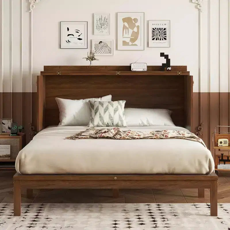 Struttura letto a scomparsa matrimoniale con porta USB e cassetto portaoggetti per camera da letto/camera degli ospiti, letto in legno di pino con decorazione in rattan