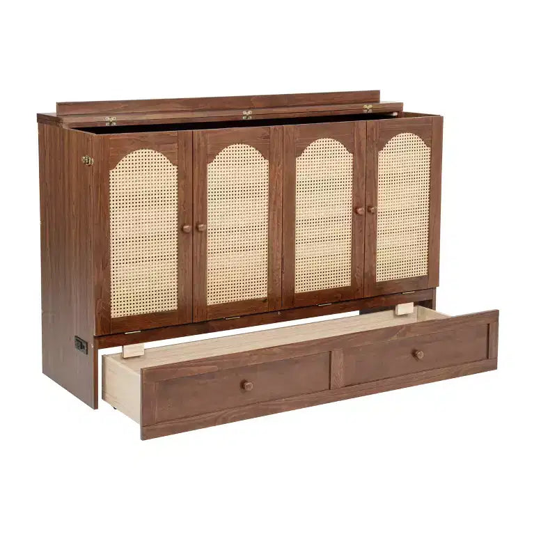 Struttura letto a scomparsa matrimoniale con porta USB e cassetto portaoggetti per camera da letto/camera degli ospiti, letto in legno di pino con decorazione in rattan
