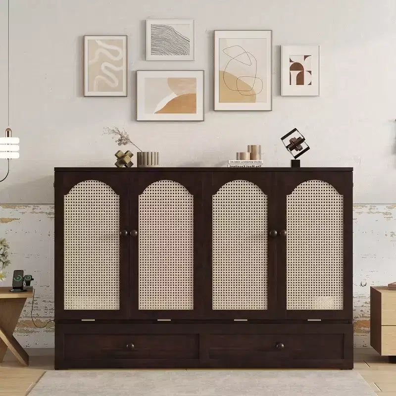 Struttura letto a scomparsa matrimoniale con porta USB e cassetto portaoggetti per camera da letto/camera degli ospiti, letto in legno di pino con decorazione in rattan