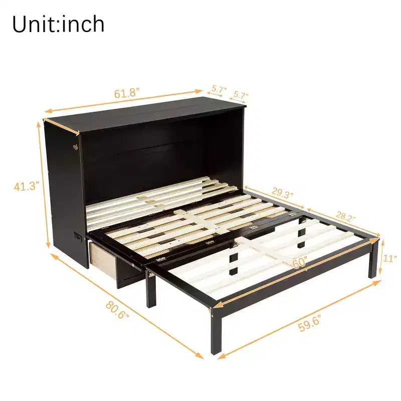 Struttura letto a scomparsa matrimoniale con porta USB e cassetto portaoggetti per camera da letto/camera degli ospiti, letto in legno di pino con decorazione in rattan