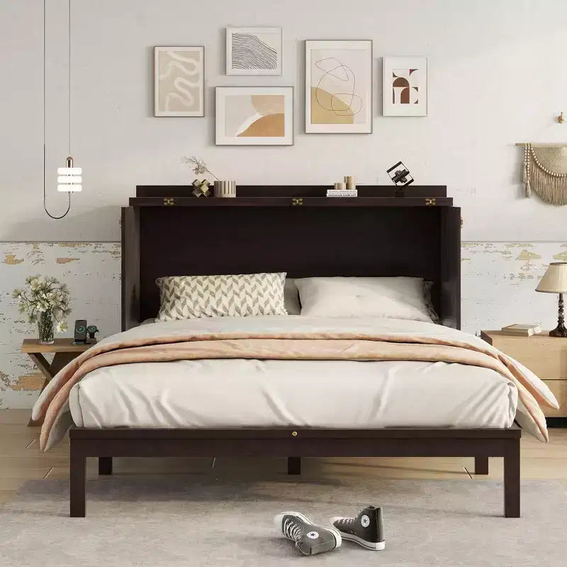 Struttura letto a scomparsa matrimoniale con porta USB e cassetto portaoggetti per camera da letto/camera degli ospiti, letto in legno di pino con decorazione in rattan