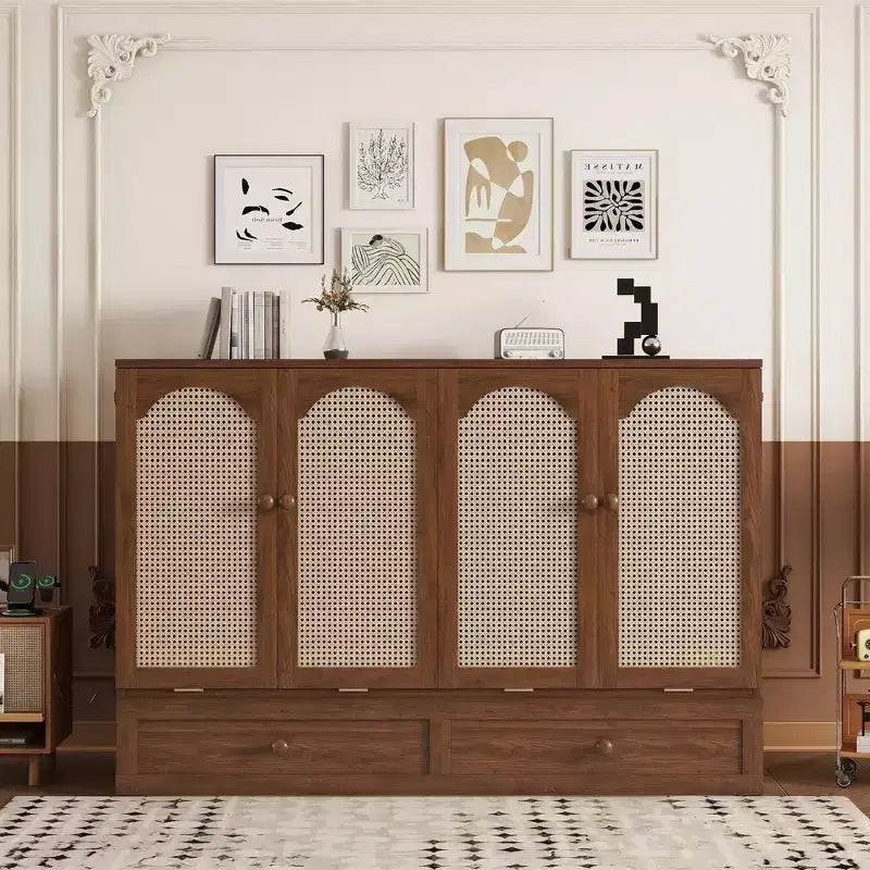 Struttura letto a scomparsa matrimoniale con porta USB e cassetto portaoggetti per camera da letto/camera degli ospiti, letto in legno di pino con decorazione in rattan