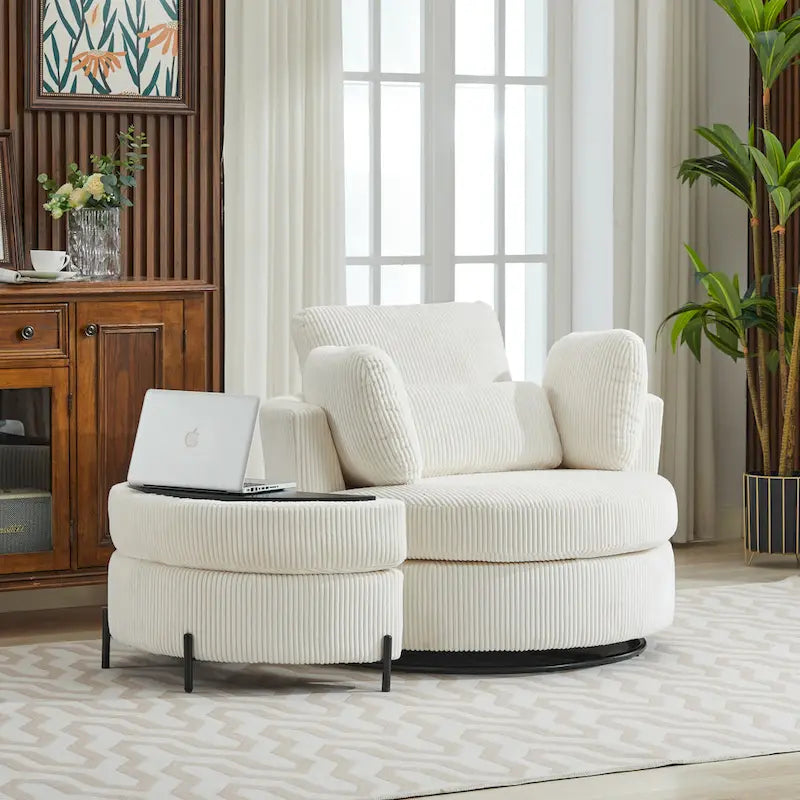 Sillón decorativo giratorio tapizado de 42.3W con 4 cojines y otomana de almacenamiento en forma de media luna