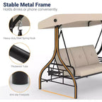 Altalena da esterno convertibile 2-in-1 a 3 posti con tettuccio regolabile, letto-altalena da patio con supporto, cuscini spessi e portabicchieri, per cortile, giardino e veranda