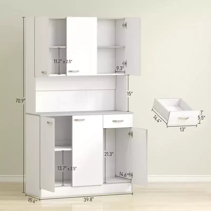 Armario despensa de cocina 71, armario alto de almacenamiento con soporte para microondas, alacena de cocina moderna, 3 estantes ajustables para sala de estar y comedor