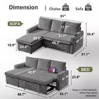 Sofá cama extraíble 2 en 1 Dyonery con chaise longue con almacenamiento, sofá seccional de pana C con puertos USB para sala de estar