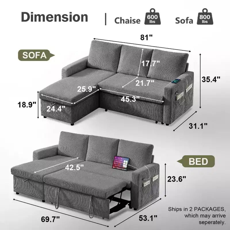 Sofá cama extraíble 2 en 1 Dyonery con chaise longue con almacenamiento, sofá seccional de pana C con puertos USB para sala de estar
