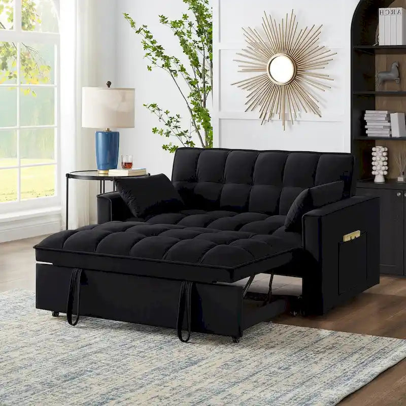 Divano letto loveseat 4 in 1 con braccioli e tasche portaoggetti, divano letto estraibile trapuntato multifunzione con schienale regolabile