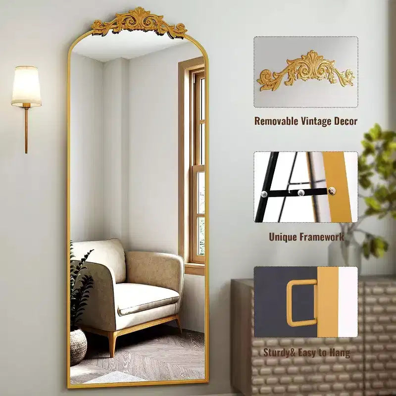 65x22 Obloukové celoplošné kovové zrcadlo ve vintage stylu, barokní design, starožitně zlaté