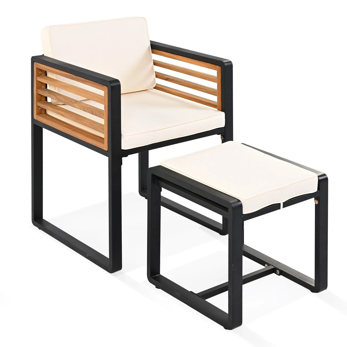 Juego de comedor de patio de 18 piezas de madera de acacia, con 8 sillas acolchadas, 8 otomanas y 2 mesas cuadradas