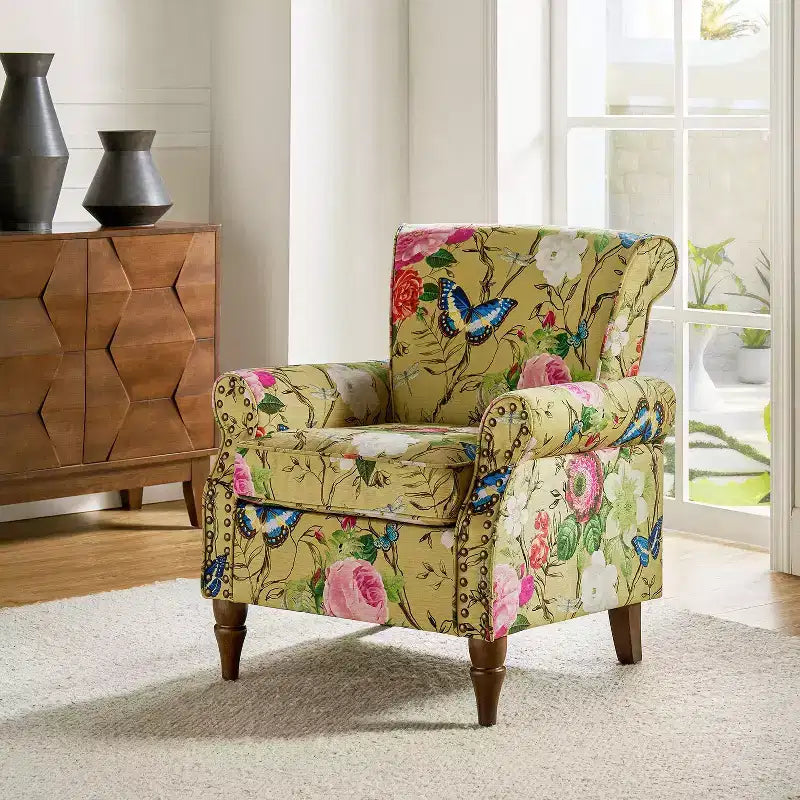 Araceli traditionele houten bloemenfauteuil met bekleding, hoge rugleuning en sierspijkerrand| ART OF LIVING DESIGNS