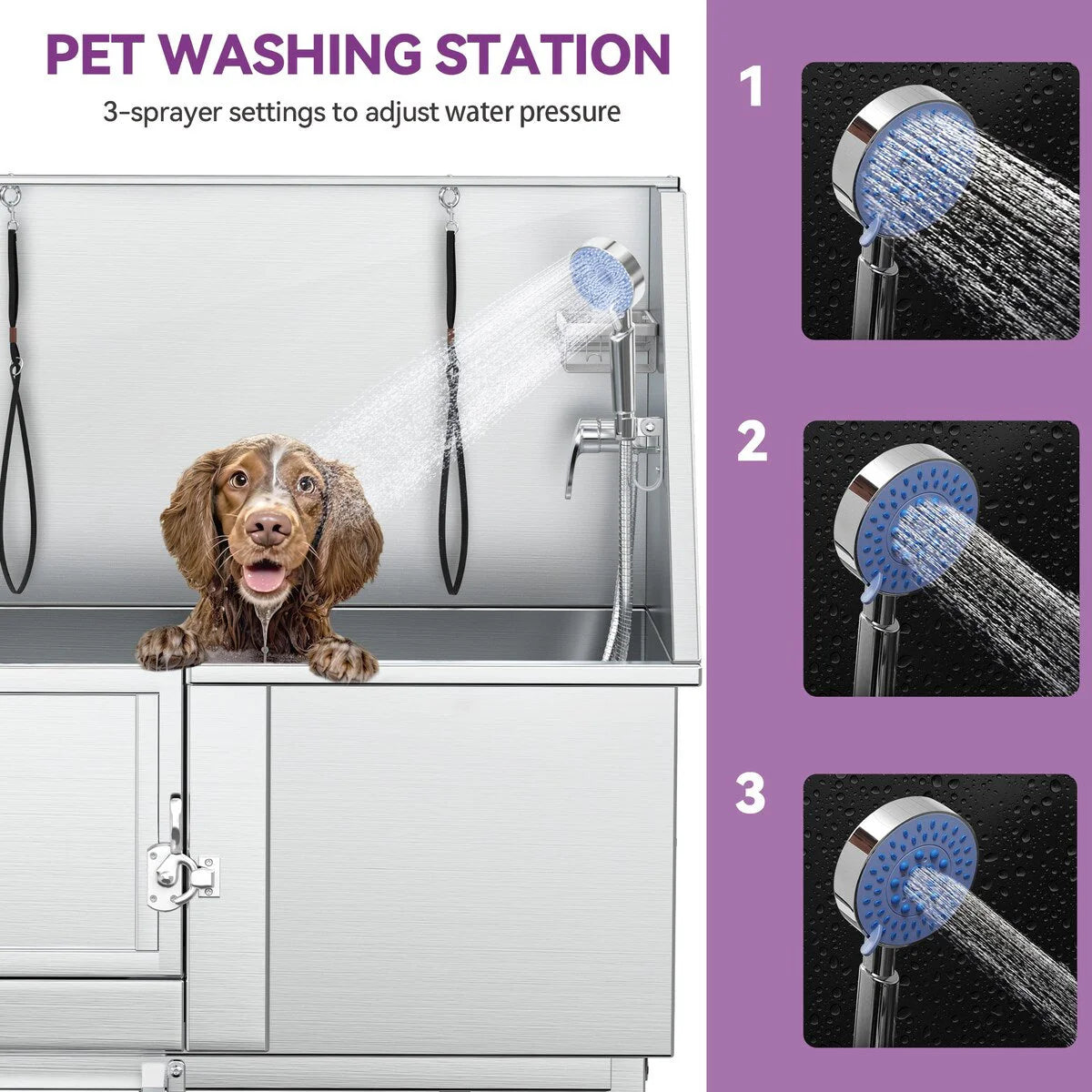 Bañera de aseo para mascotas de acero inoxidable de 50" W ajustable con rampa de escalones