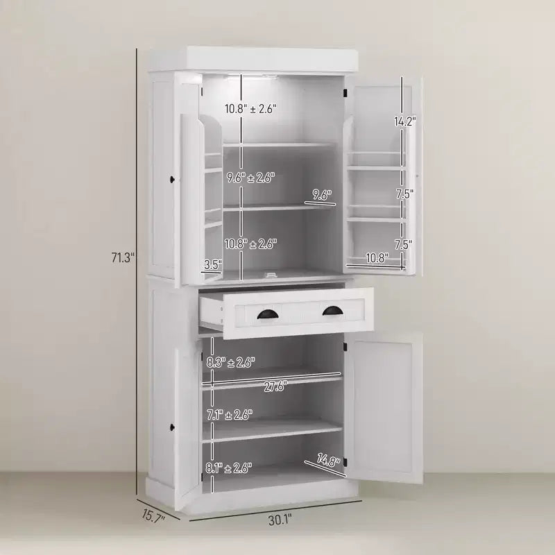 Credenza dispensa da cucina da 71 con luci LED, 6 ripiani sulle ante, un cassetto e 4 ripiani regolabili