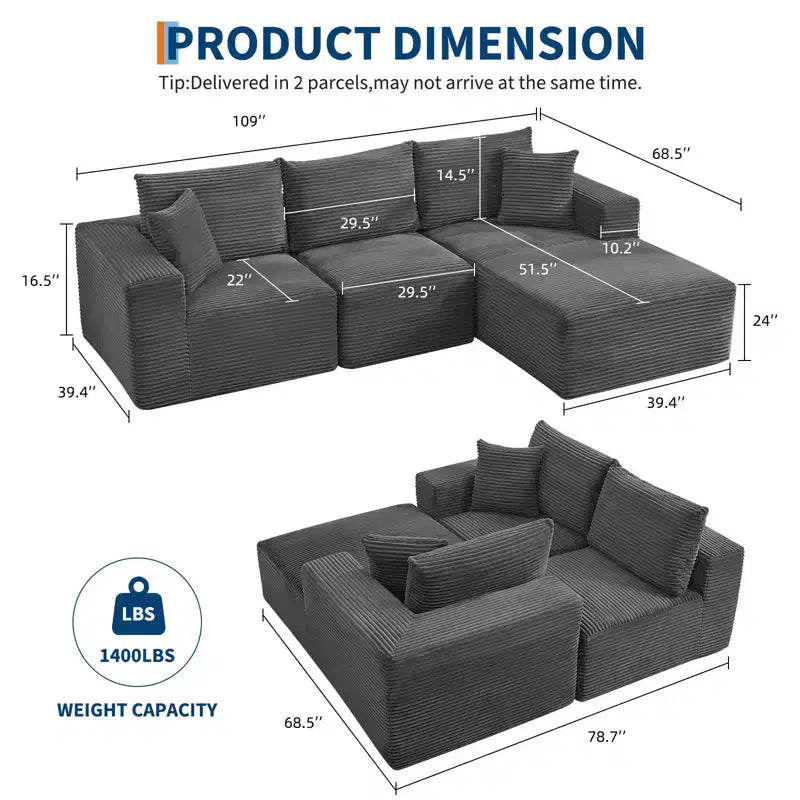 Sofá moderno 108, sofá tapizado de 3 plazas en forma de L con cojines, asiento profundo, no requiere montaje
