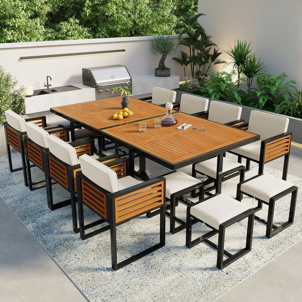 Juego de comedor de patio de 18 piezas de madera de acacia, con 8 sillas acolchadas, 8 otomanas y 2 mesas cuadradas