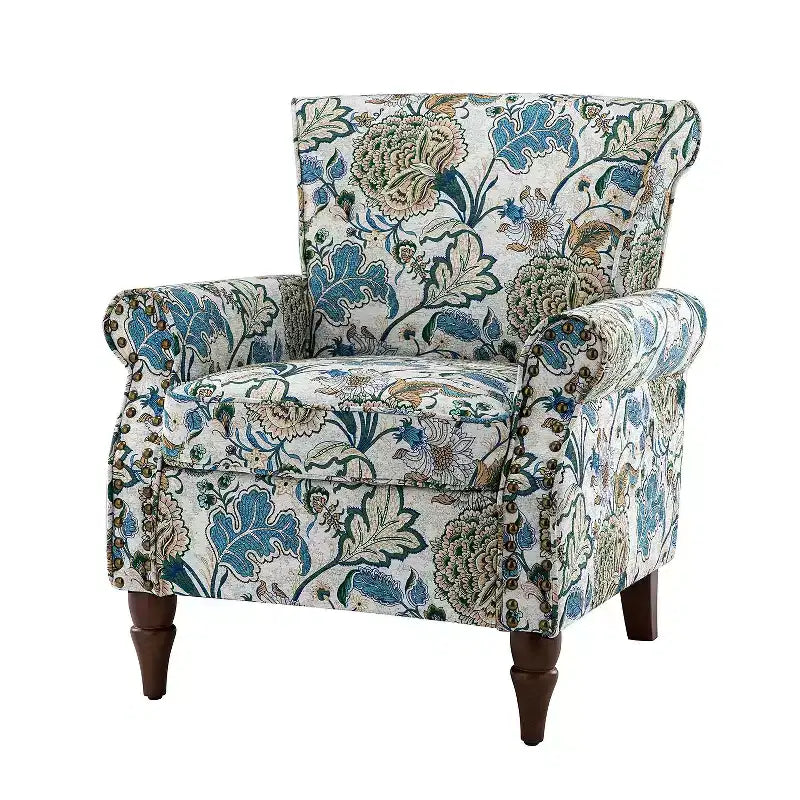 Araceli traditionele houten bloemenfauteuil met bekleding, hoge rugleuning en sierspijkerrand| ART OF LIVING DESIGNS