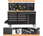 Gereedschapskist op wielen van 61 inch met 10 laden en garagewerkbank met stekkerdoos, blad van massief rubberhout, zware mobiele werkstationskast met draagvermogen van 1675 LBS